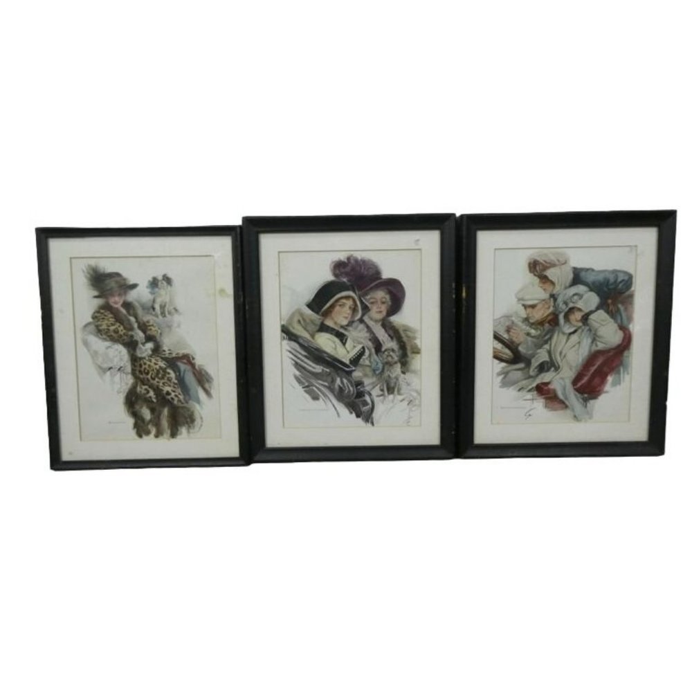 Vintage Set of 3 Harrison Fisher Original Framed Prints circa 1900 - "Well Guard